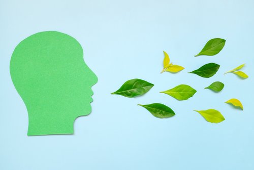 Menschliches Kopfprofil ausgeschnitten mit frischen Blättern auf dem Mund flach gelegt