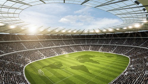 Fußballstadion mit Weltkarte auf dem Spielfeld