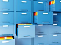 3D-Bild des Archivordners, blaue Schränke 