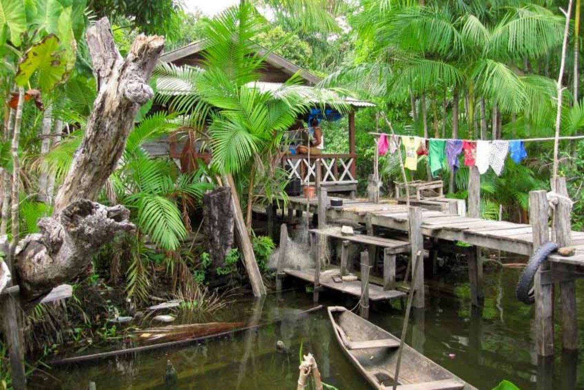 Im brasilianischen Regenwald ist eine Holzhütte mit Brücke zu sehen, auf ihr wehen bunte Fähnchen.