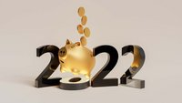 In der 0 der Jahreszahl 2022 steht ein Sparschwein das Münzen auffängt. 