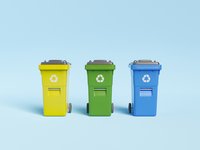 3D-Darstellung von bunten Recyclingbehältern für verschiedene Müllarten in Reihe vor blauem Hintergrund
