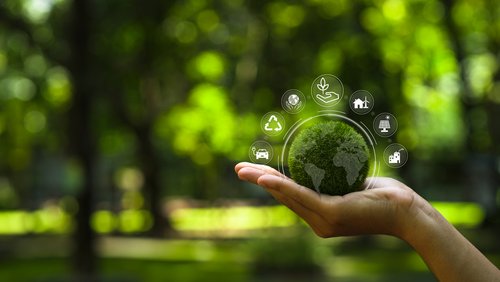 Hand hält einen grünen Globus im Konzept der Natur