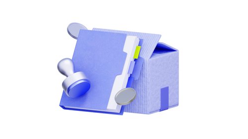 Vor einem weißen Hintergrund ist eine lila Verpackungsbox, inklusive Dokumentationsheft und Stempel.