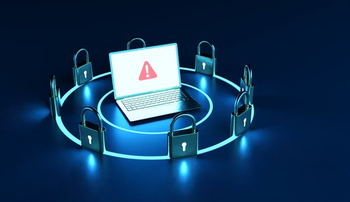 Sicherheits- und Datenschutzkonzept dargestellt on einem Laptop in einem Kreis von Schlössern 