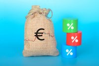 Ein Geldsack mit einem Euro-Symbol und drei farbigen Holzklötzen mit dem Prozentzeichen darauf