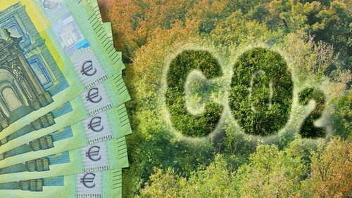 Kosten zur CO2-Reduktion - Konzept mit CO2-Text gegen Wald und europäische Euro-Banknote