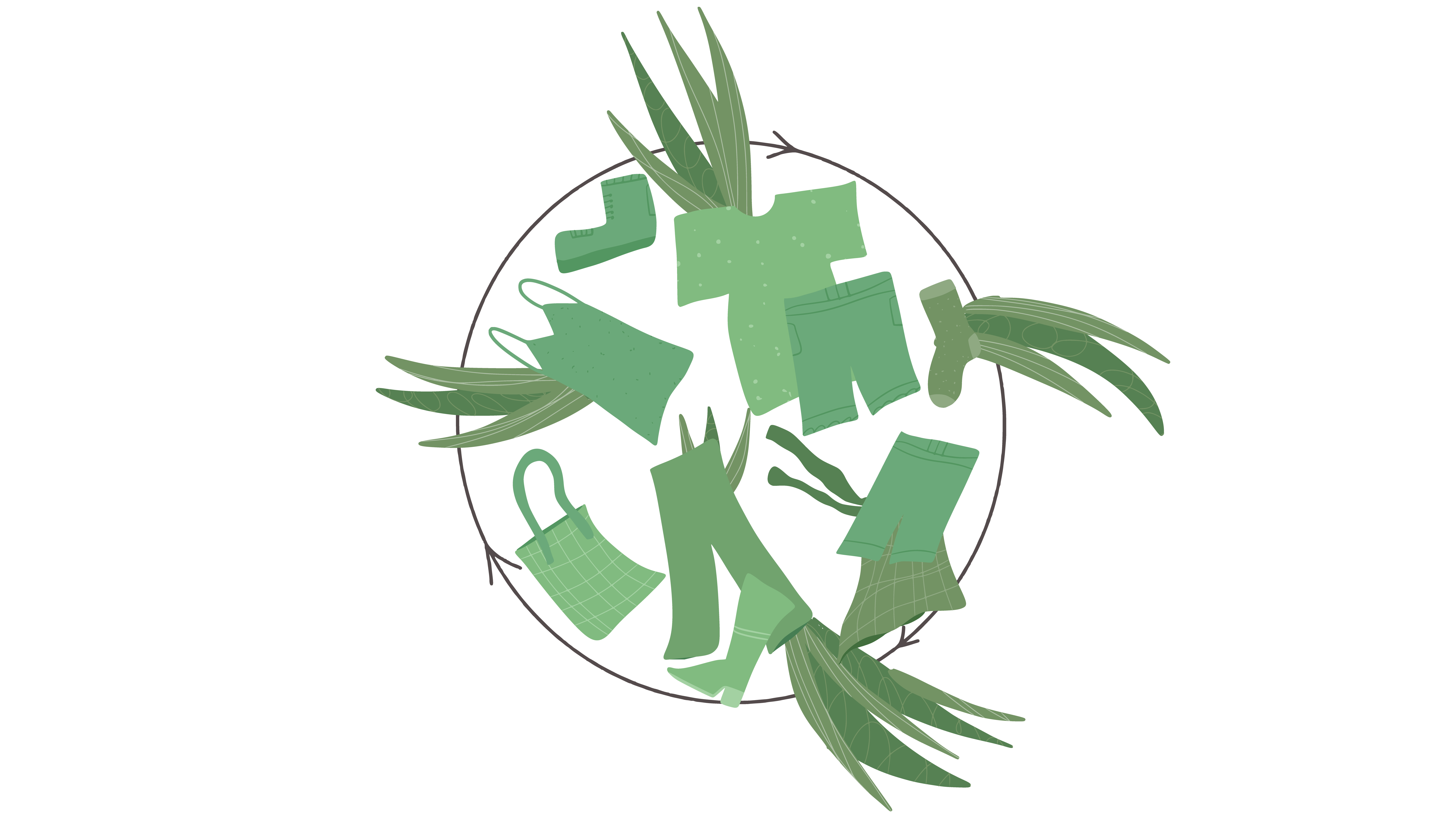 Ein gezeichneter geschlossener Kreislauf beinhaltet grüne Kleidungsstücke und Pflanzen.