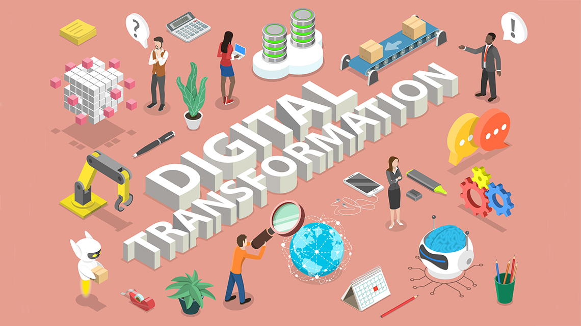 Auf einem rosafarbenen Hintergrund sind Menschen und digitale Tools rund um den Schriftzug "Digital Transformation" zu sehen.