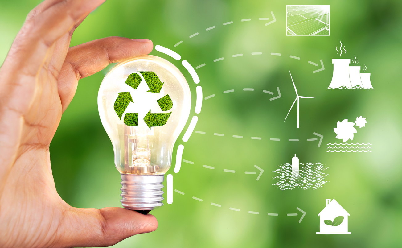 Glühbirne mit Recycling-Symbol und Energieressourcen-Icons als Symbol für erneuerbare, alternative oder nachhaltige Energiequelle