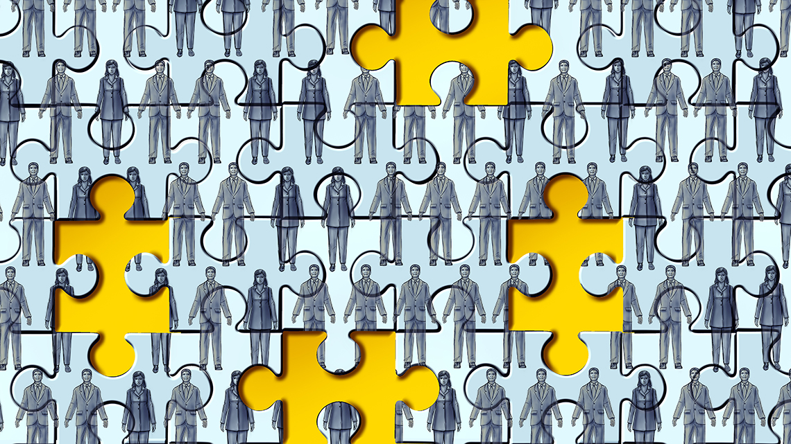 Ein Puzzle bildet viele verschiedene Menschen gezeichnet auf hellblauem Hintergrund ab. Zwischendrin fehlen einzelne Teile, der Hintergrund leuchtet gelb hervor.