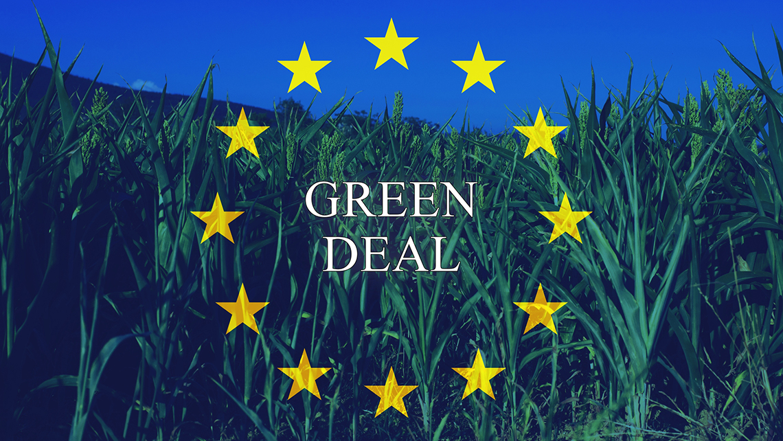 Vor dem Hintergrund eines blauen Himmels und einer grünen Wiese sind die Sterne der EU und der Titel Green Deal zu sehen.