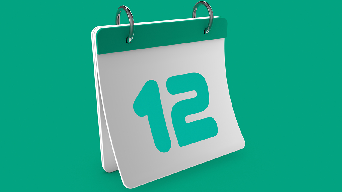 Vor einem grün, türkisen Hintergrund ist ein Kalender mit einem Kalenderblatt und einer 12 zu sehen.