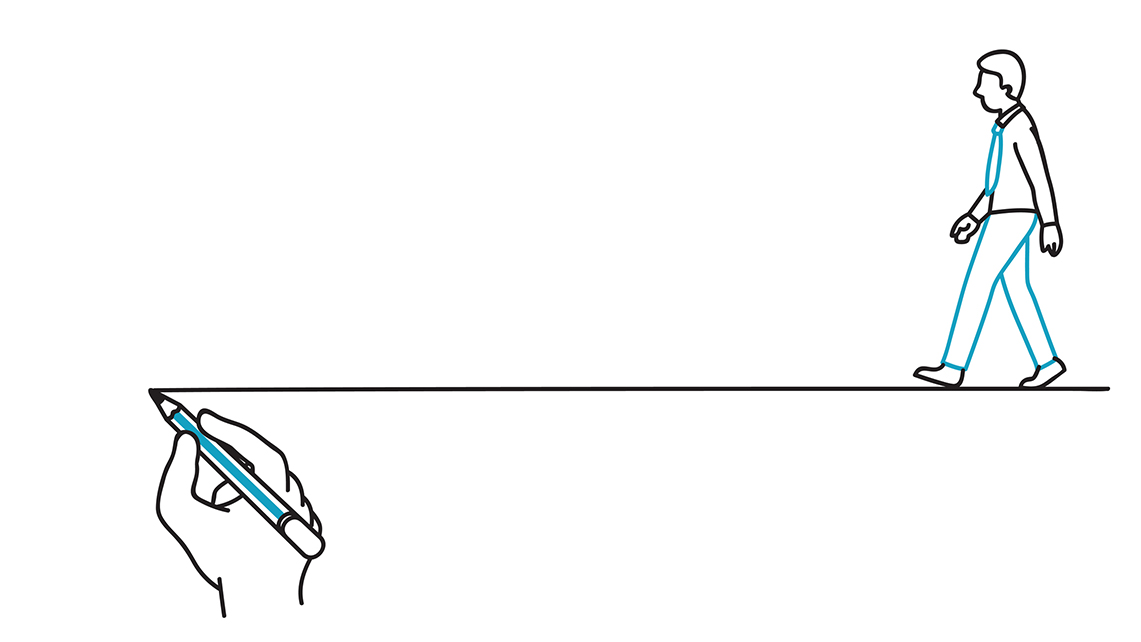 Gezeichnetes Männchen läuft auf einer Linie, die von einem Stift gezogen wird.