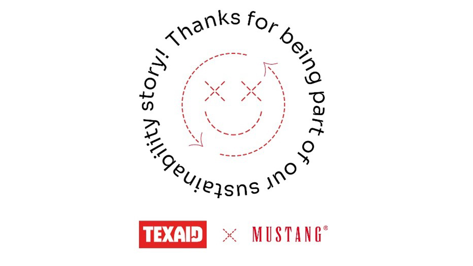 Um ein Logo, das die Kreislaufwirtschaft darstellt, steht ein Dankeschön für die Teilnahme am Sammelprogramm von TEXAID und Mustang.