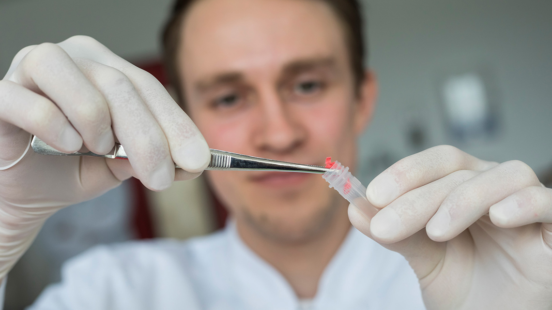 Ein Mitarbeiter der Hohenstein Institute prüft eine Probe Baumwolle auf Genmanipulation in einem Reagenzglas.
