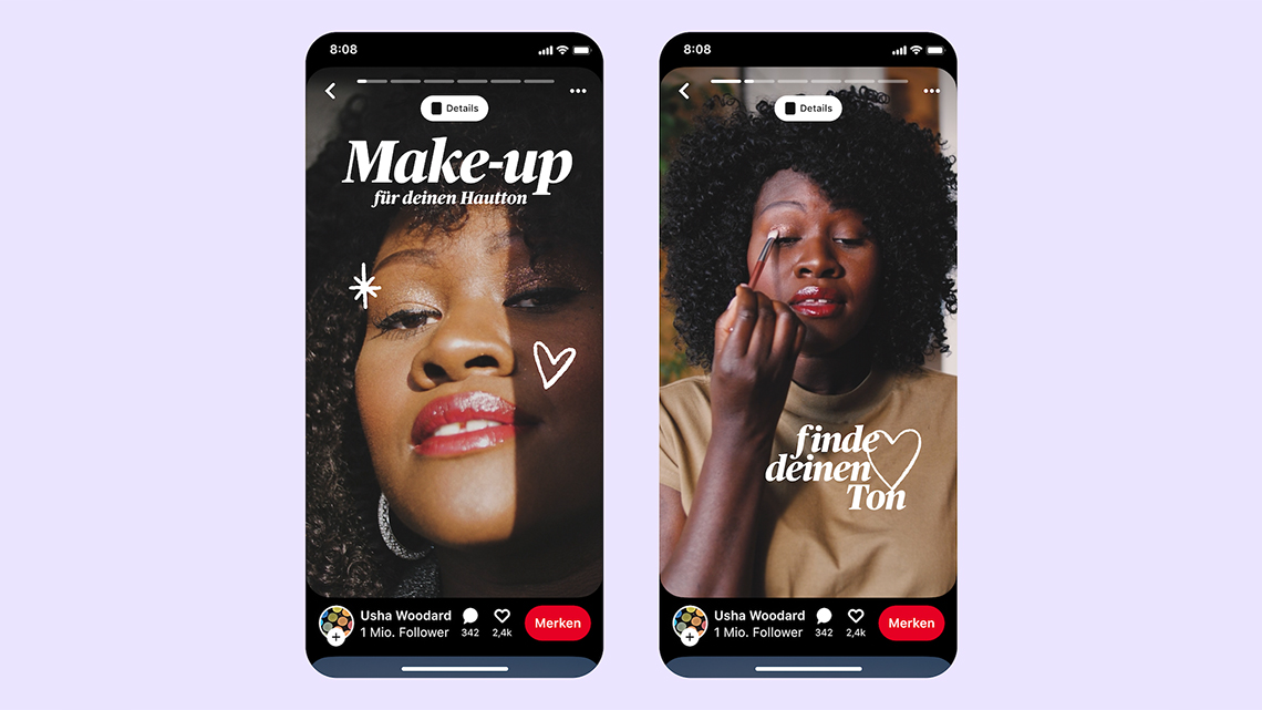Auf einem lila farbenen Hintergrund sind zwei Handys mit Screenshots des neuen Formats Idea Pins auf der Pinterestseite 