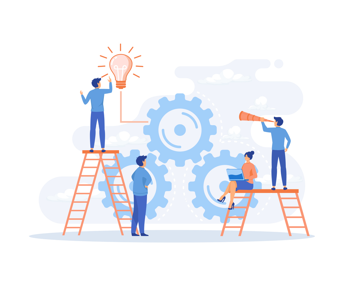Geschäftsleute und Teamwork. Kreative Glühbirne und Ausrüstung, Corporate Business Industrial Kreative, moderne Illustration.
