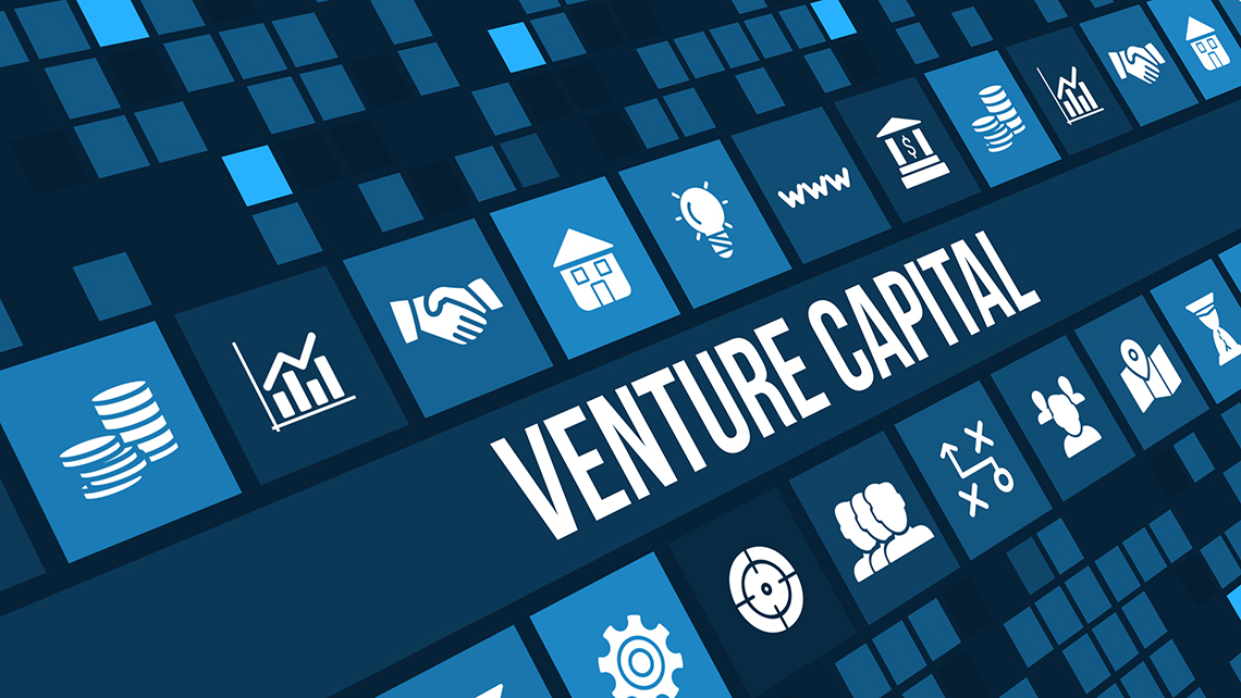 Auf einem blauen Hintergrund mit vielen kleinen Kästchen steht in der Mitte groß Venture Capital. Darum herum sind verschiedene Symbole abgebildet.