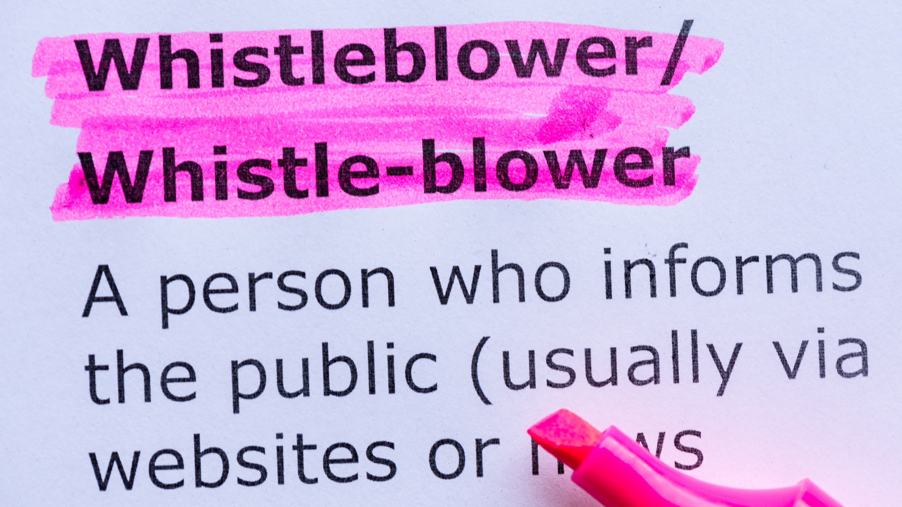 In einem Lexikon ist das Wort Whistleblower erklärt und pink markiert.