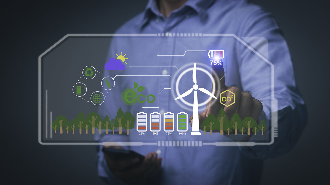 Geschäftsmann hält ECO zur Hand und Ikone Das Konzept der umweltfreundlichen und zirkulären Umwelt, Industrie, Natur und alternative Energien. Umweltfreundliche Energie der Zukunft