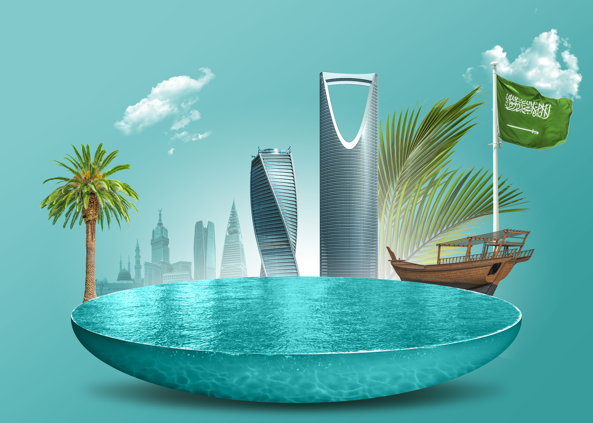 Isometrische Ansicht des saudi-arabischen Meeres mit Gebäuden. abstrakte pool-plot-illustration. Saudi-Arabien Design-Mock-up. Import-Export-Industrie.
