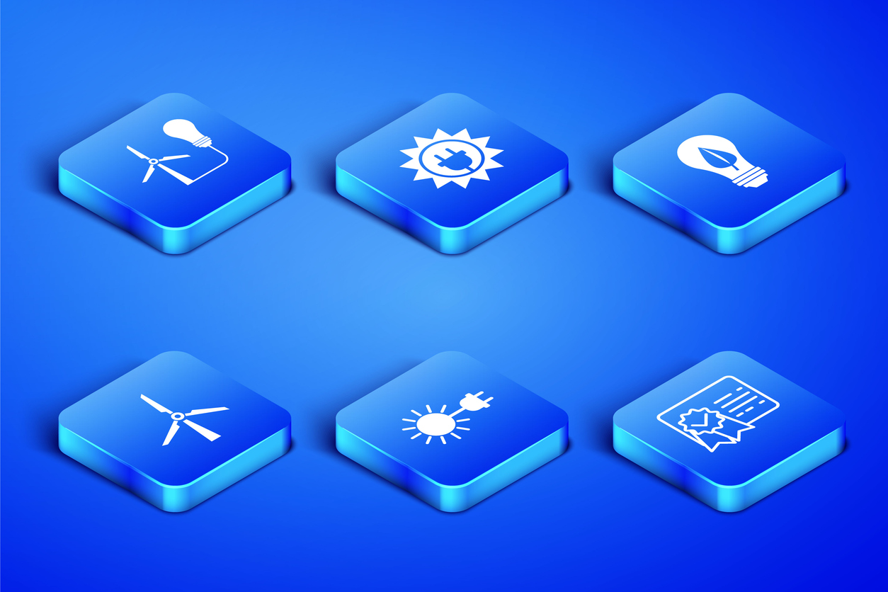 Set Zertifikatsvorlage, Glühbirne mit Windturbine, Sonnen-Elektrostecker, Wind, Solarpanel und Blatt-Symbol
