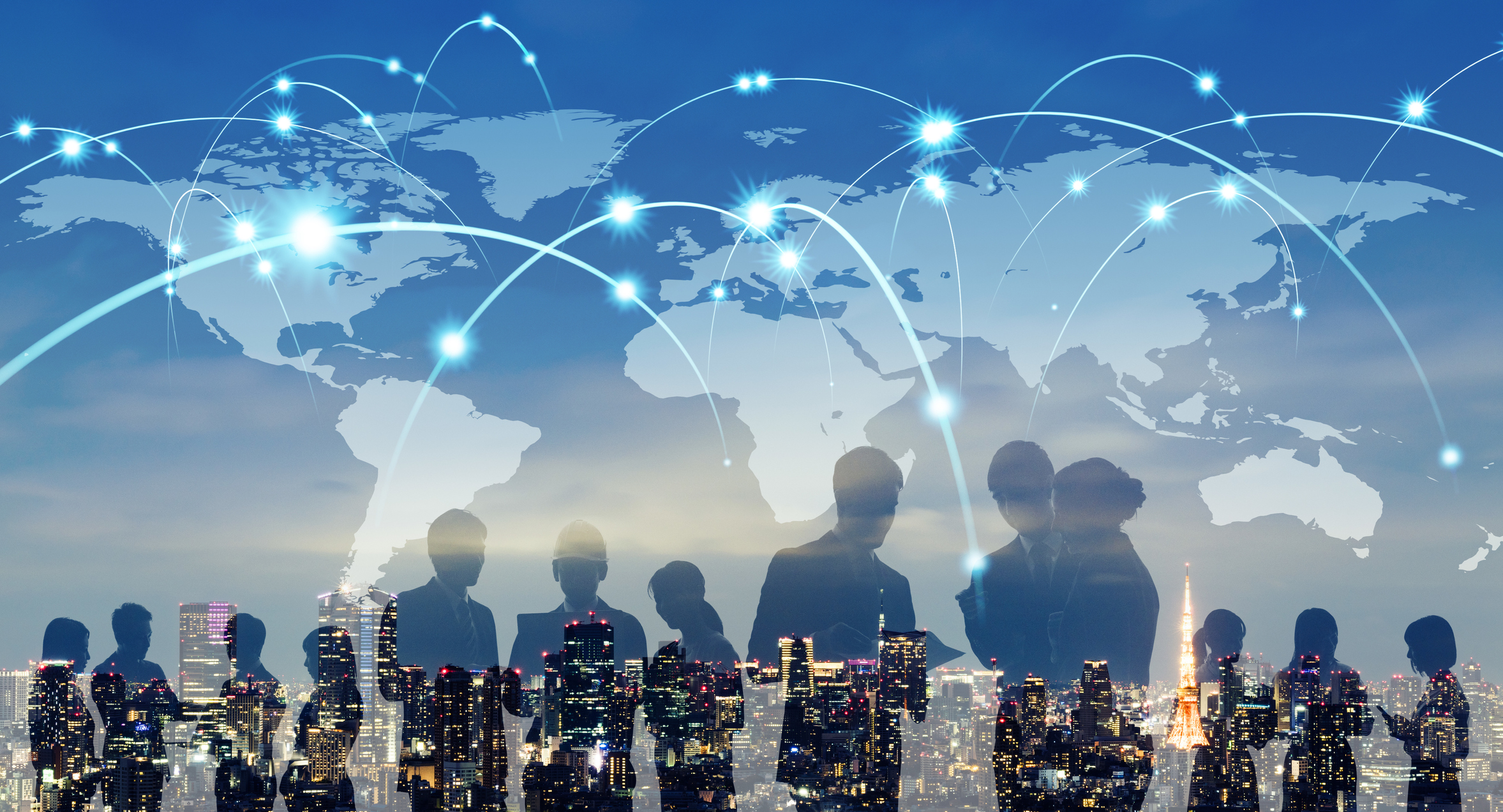 Globales Netzwerkkonzept. Landkarte und Gruppe von Menschen.