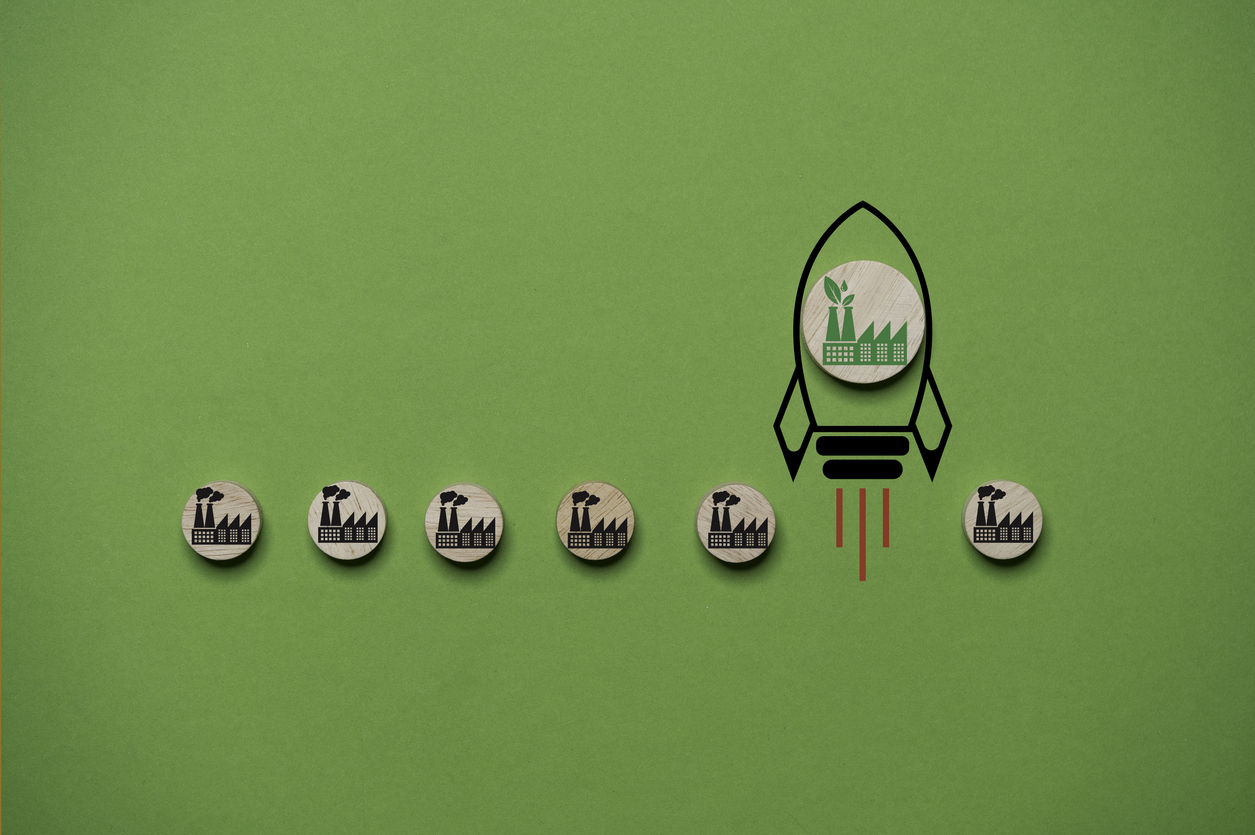 Unternehmensymbole und eine Rakete mit Symbol nachhaltiges Unternehmen